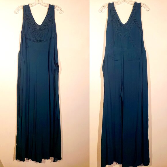 Anthropologie Elevenses Emerald Linen-Look Crochet Boho Wide Leg Pantsuit - Picture 6 of 16